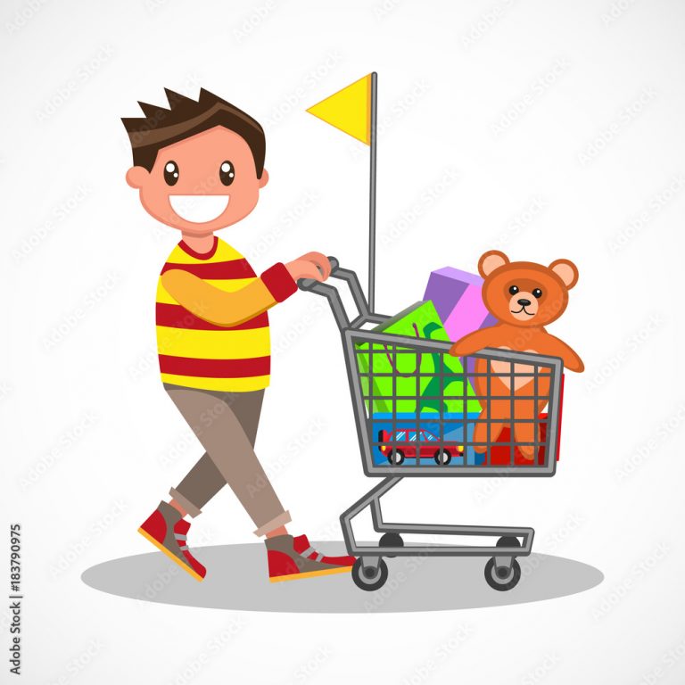 Vecteur Stock Happy boy with shopping. Young buyer with his shopping ...