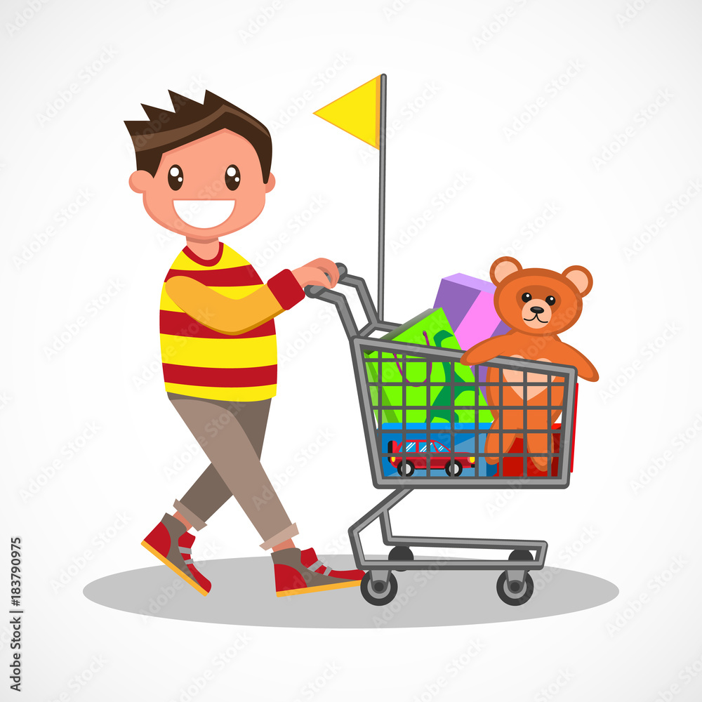 Vecteur Stock Happy boy with shopping. Young buyer with his shopping ... Vecteur Stock Happy boy with shopping. Young buyer with his shopping ...